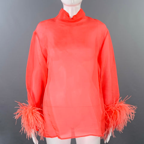 LAPOINTE Size S Pink Coral Silk High Neck Feather Trim Blouse