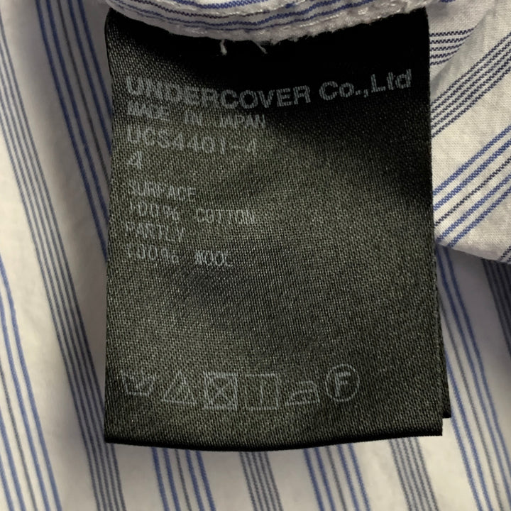 UNDERCOVER SS17 Size M White Blue Stripe Cotton Ruched One Pocket Long Sleeve Shirt