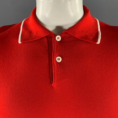 BRIONI Size L Red White Tipped Knit Cotton Polo