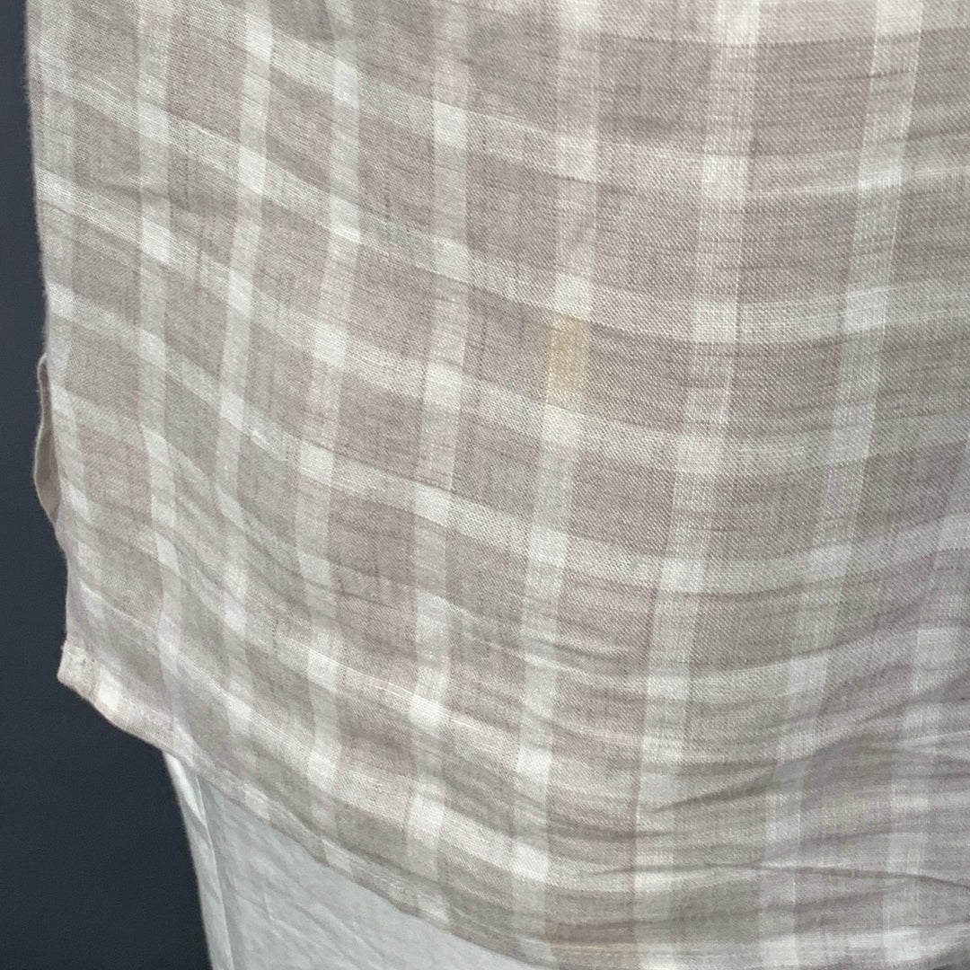 ERMENEGILDO ZEGNA Size L Grey White Plaid Linen One Pocket Short Sleeve Shirt