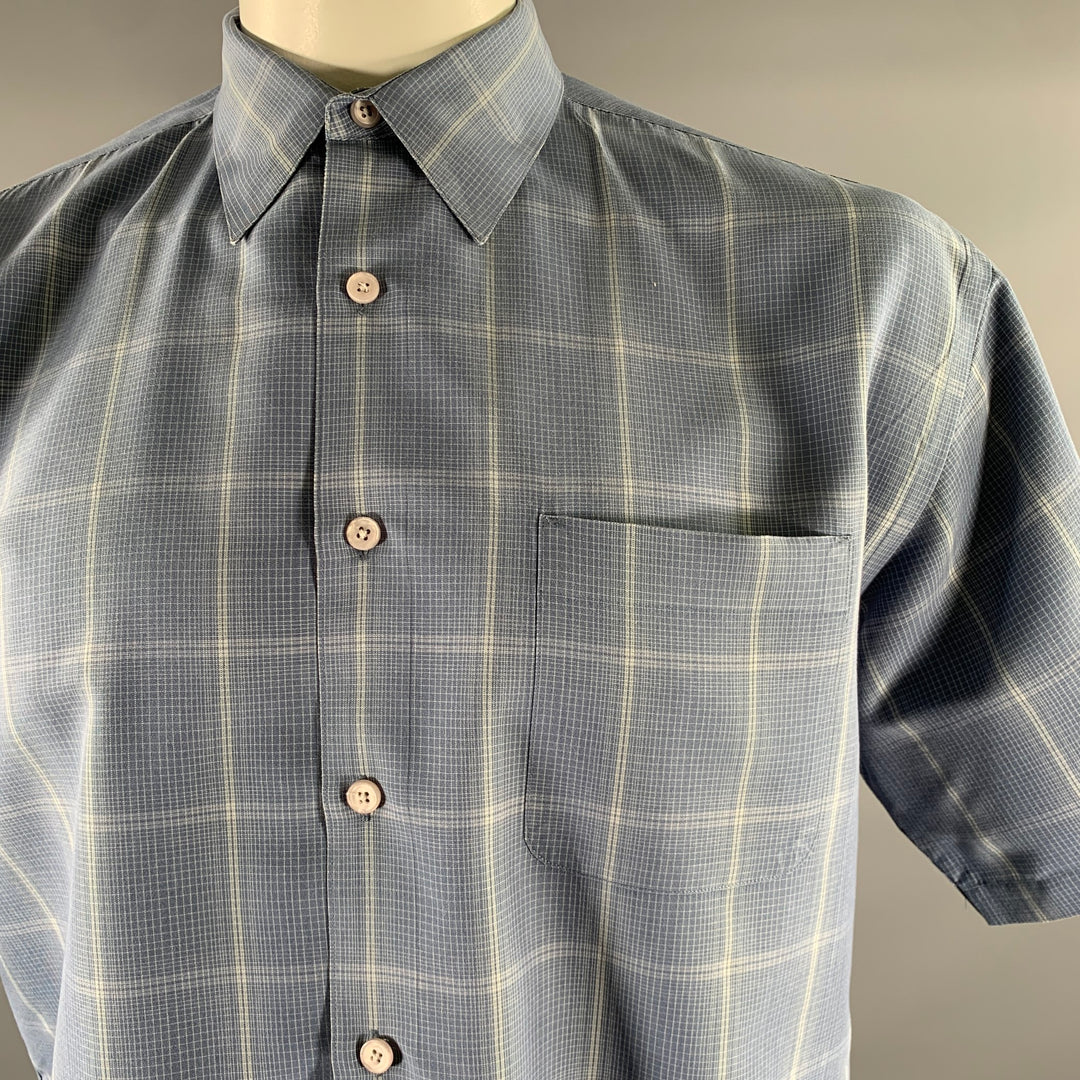 PERRY ELLIS Size L Blue Grey Plaid Rayon Blend Pointed Collar Short Sleeve Shirt