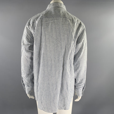 LORO PIANA Size 12 White Blue Flax Stripe Shirt