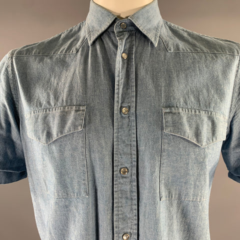 ADAM KIMMEL Size L Blue Light Wash Cotton Western Short Sleeve Shirt