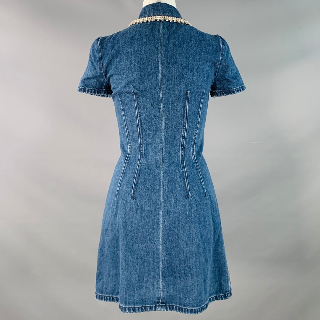 SELF-PORTRAIT Size 4 Blue Silver Denim Twill Rhinestone Trim Mini Dress