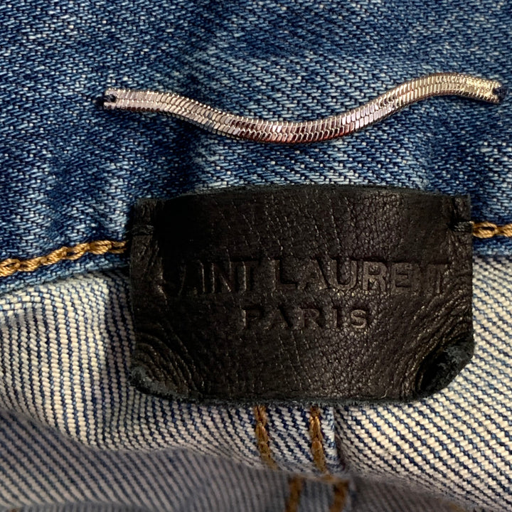 SAINT LAURENT Size 30 Blue Distressed Cotton Blend Twill Slim Tapered Jeans