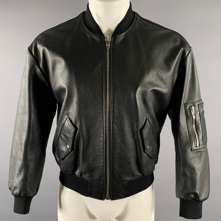CELINE Size M Black Leather Bomber Jacket