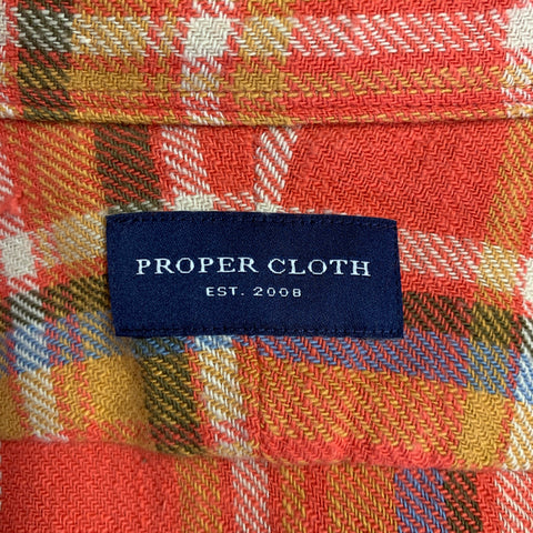 PROPER CLOTH Size M Orange White Green Plaid Cotton Long Sleeve Shirt