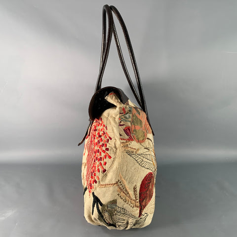 DRIES VAN NOTEN Brown Cream Red Embroidered Leather Tote Handbag