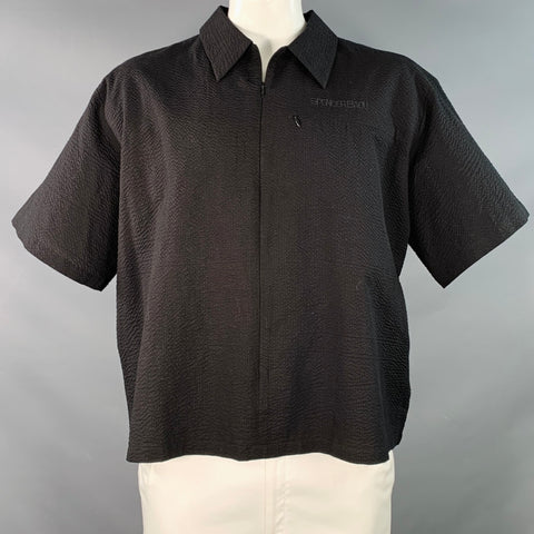 SPENCER BADU Size L Black Seersucker Cotton Oversized Zip Up Short Sleeve Shirt