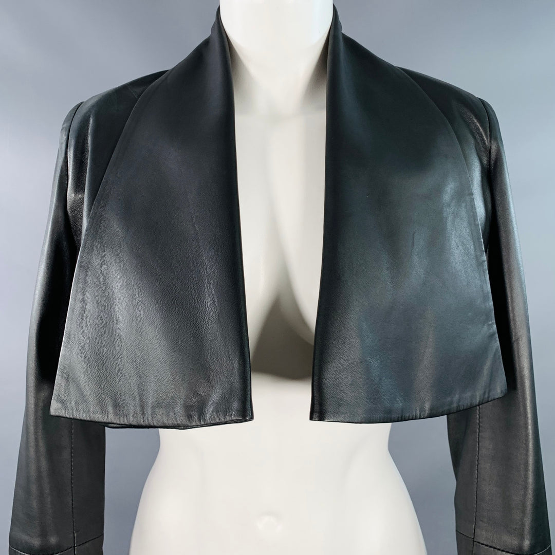 4G Size 0 Black Leather Cropped Large Lapel Open Front Jacket Blazer