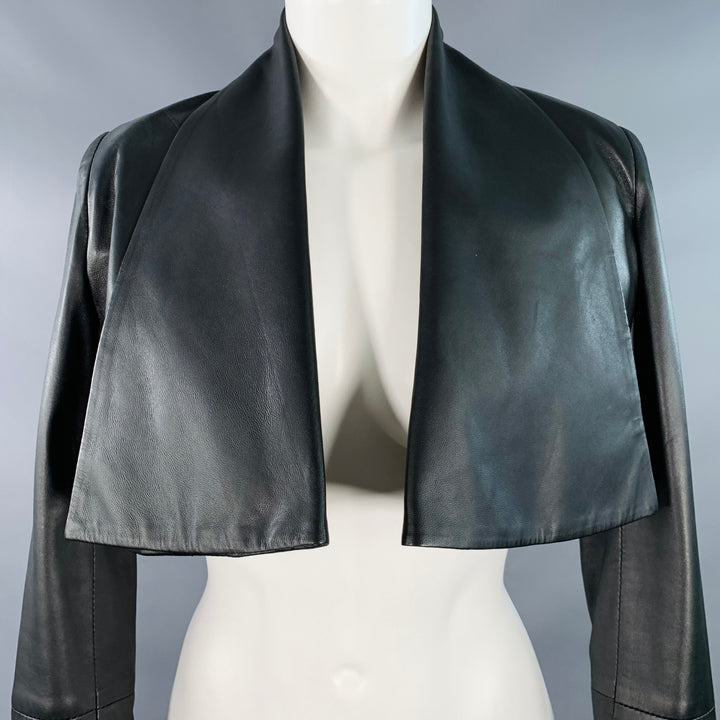 4G Size 0 Black Leather Cropped Large Lapel Open Front Jacket Blazer