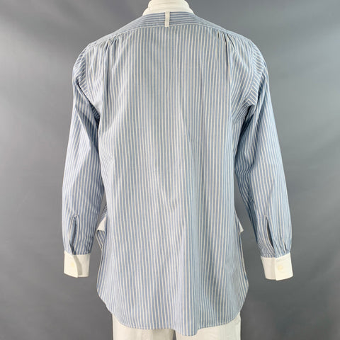 NEEDLES Size L Blue White Stripe Cotton Pleated Bib Collarless Long Sleeve Shirt