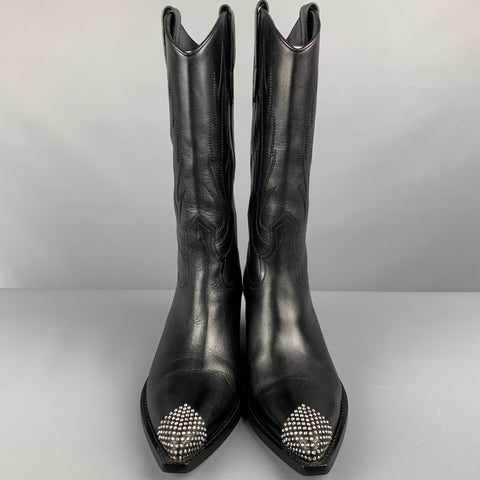 CELINE Taille 8 Bottes western en cuir strass noir pour hommes