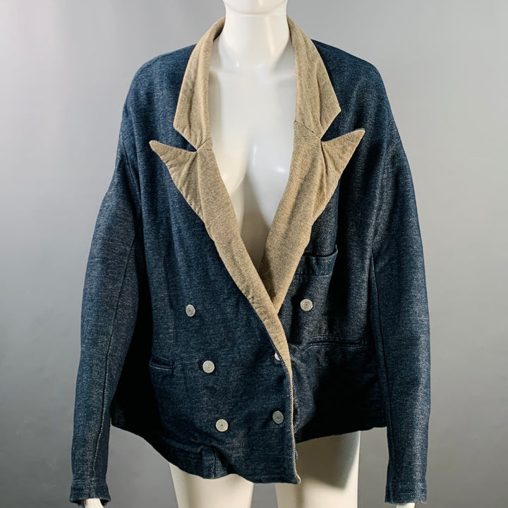 KAPITAL Size XS Indigo Tan Cotton Twill Double Breasted Peak Lapel Jacket