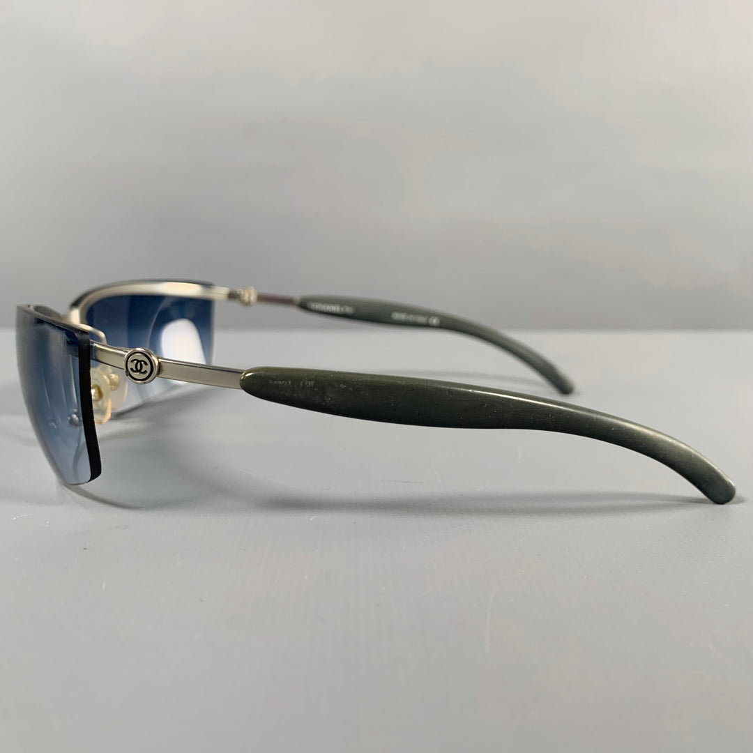 CHANEL Grey Silver Acetate Metal Wrap Around Sunglasses