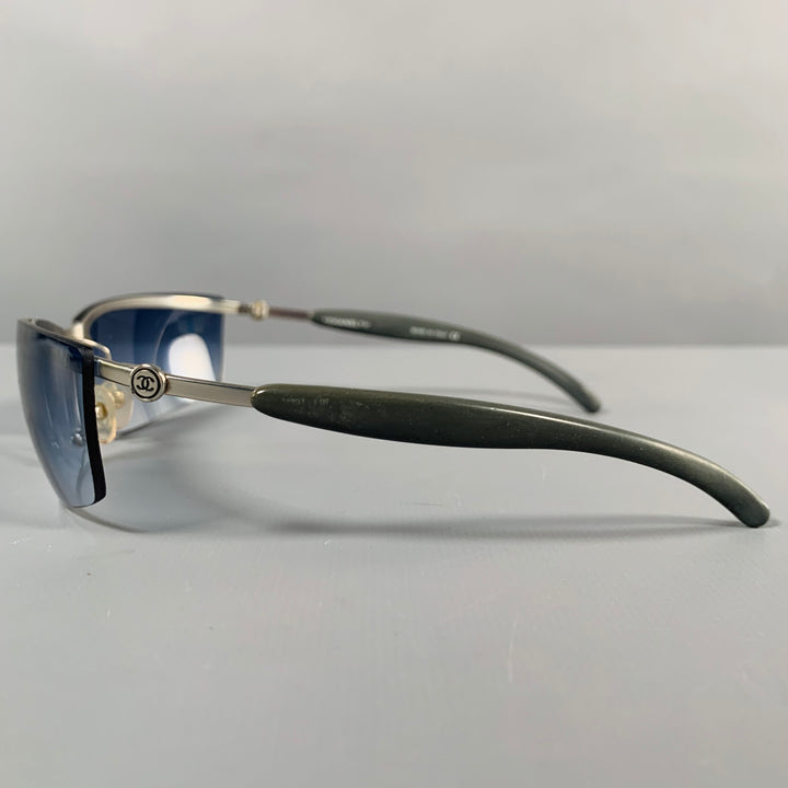 CHANEL Grey Silver Acetate Metal Wrap Around Sunglasses