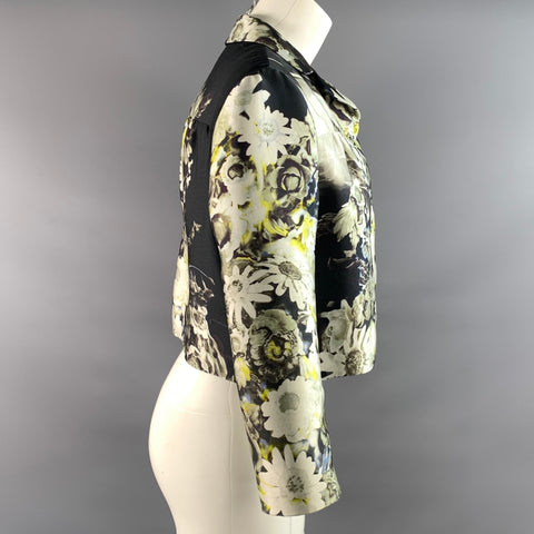 PRADA Size 4 Black Lime Silk Blend Floral Cropped Jacket Indoor  Blazer