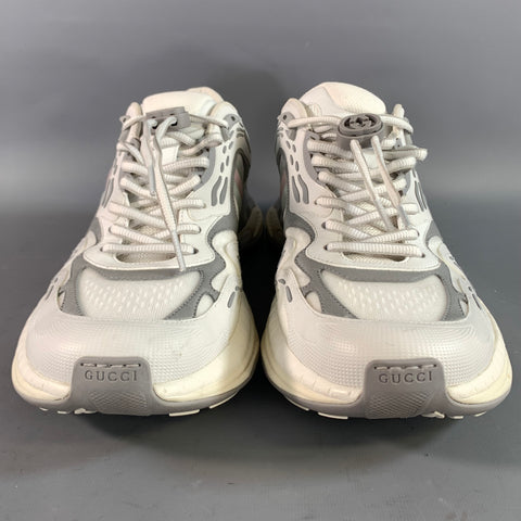 GUCCI Size 11.5 White Grey Leather Lace Up Sneakers