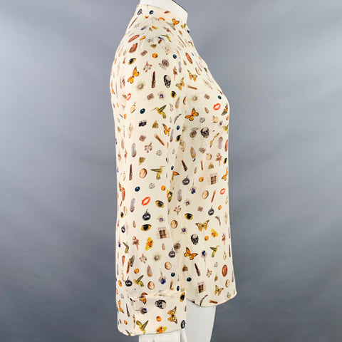 ALEXANDER MCQUEEN Size L Obsession Cream Multi Color Silk Print Collarless Blouse