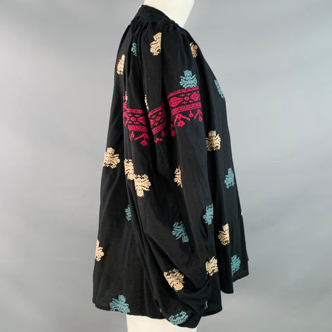 VANESSA BRUNO Size XS Black Multi Color Cotton Blend Embroidered V-Neck Tunic Blouse