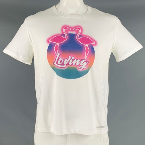 VALENTINO Size L White Flamingo Print Cotton Crew Neck T-shirt