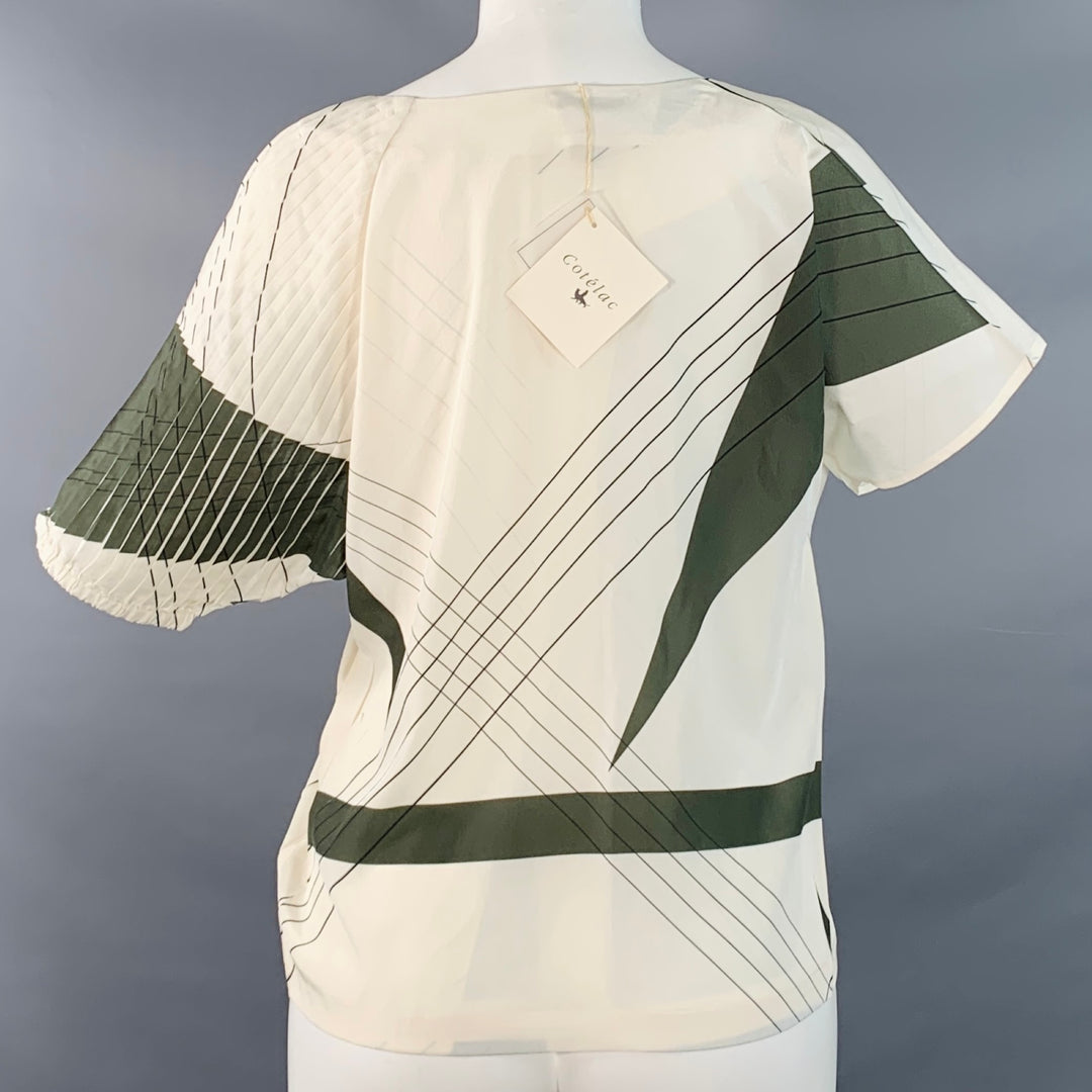 COTELAC Size 2 Cream Green Polyester Stripe Asymmetrical Pleated Casual Top