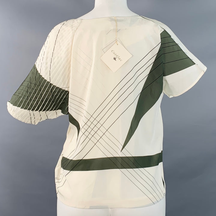 COTELAC Size 2 Cream Green Polyester Stripe Asymmetrical Pleated Casual Top