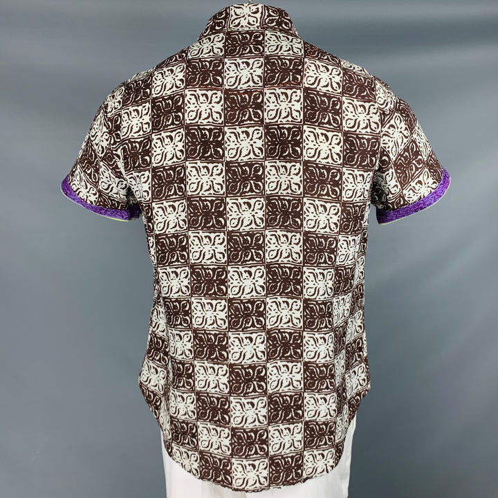 ROBERT GRAHAM Size L Brown White Print Linen Silk Button Up Short Sleeve Shirt