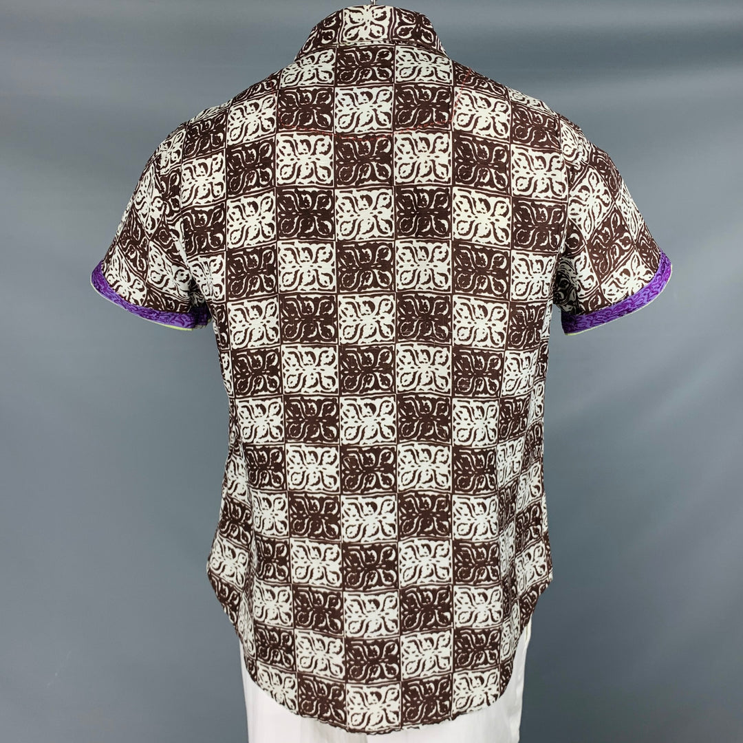 ROBERT GRAHAM Talla L Camisa de manga corta con botones de seda y lino con estampado blanco y marrón