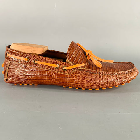 ETRO Size 8 Brown Cognac Embossed Leather Drivers Loafers