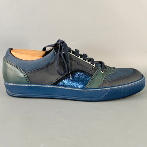 LANVIN Size 8 DBB1 Navy Black Color Block Leather Low Top Sneakers