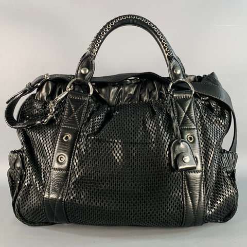 MIU MIU Black Perforated Leather Grommets Top Handles Handbag