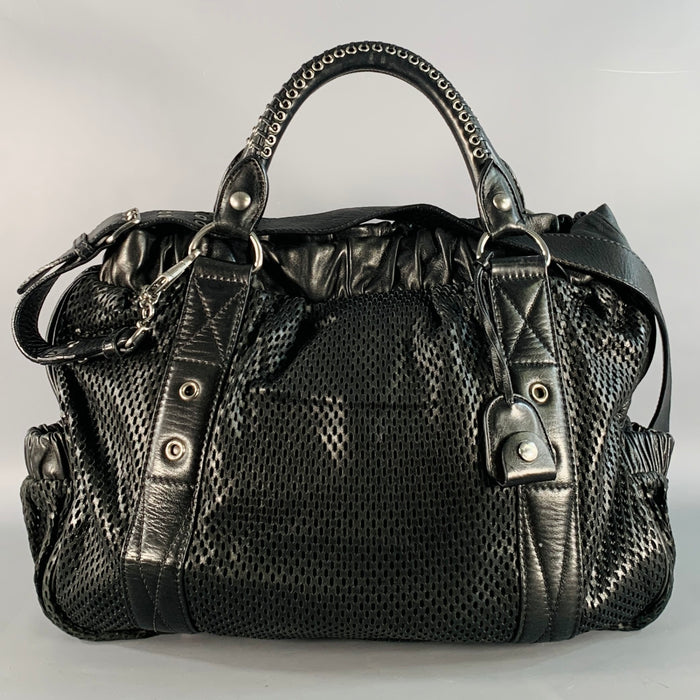 MIU MIU Black Perforated Leather Grommets Top Handles Handbag