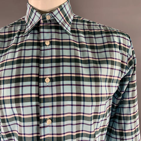 BRIONI Size L Blue Purple Green Plaid Cotton Pointed Collar Long Sleeve Shirt