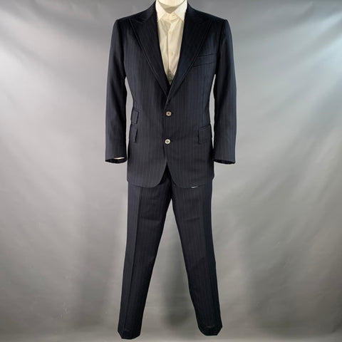 ASTOR & BLACK Size 44 Navy Blue Pinstripe Single Breasted Peak Lapel 3 Piece Suit