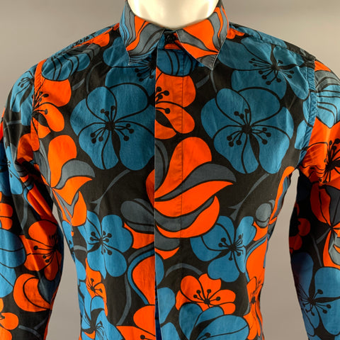 MARNI Size S Blue Black Orange Floral Cotton Pointed Collar Long Sleeve Shirt