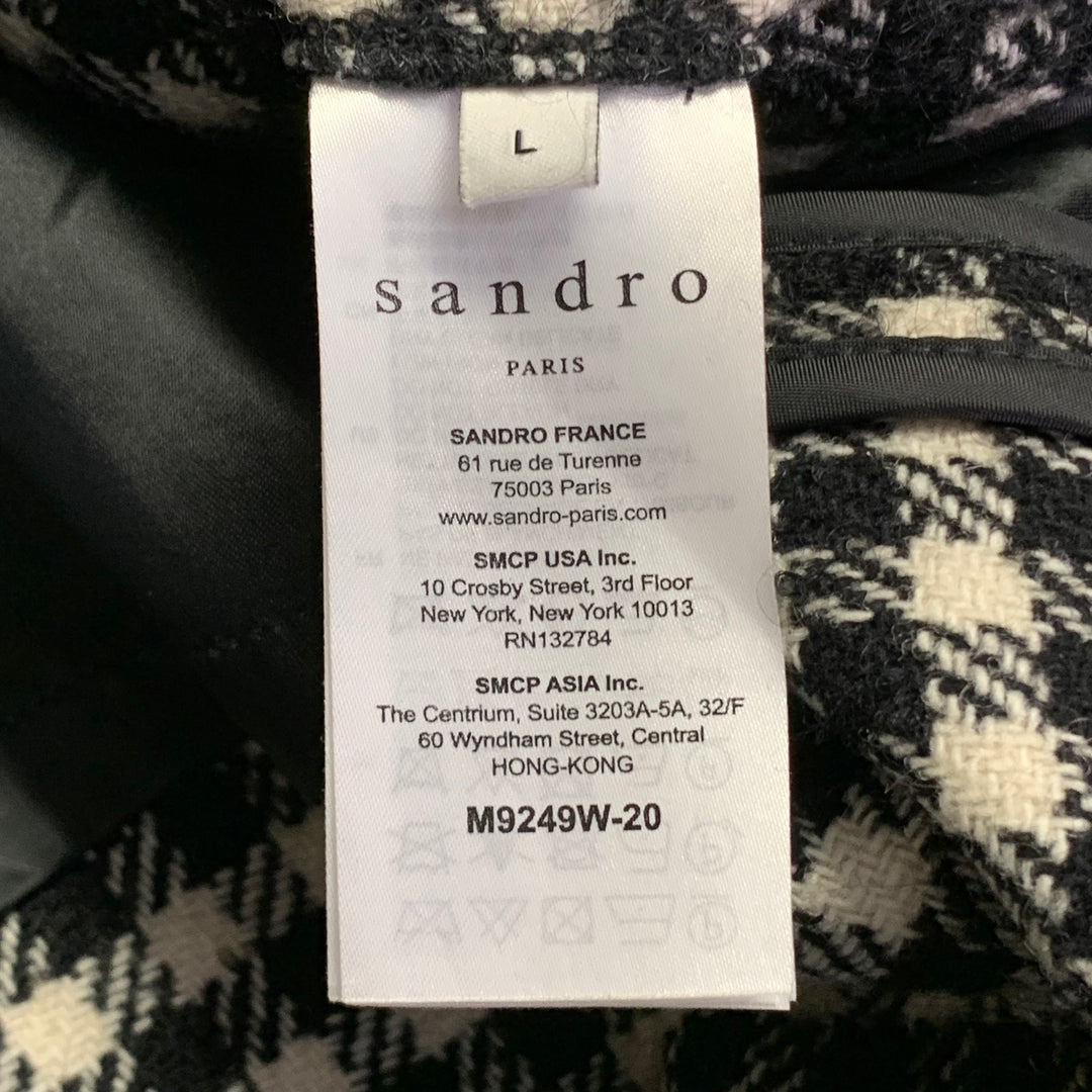 SANDRO Size L Black White Checkered Wool Blend Buttoned Raglan Coat