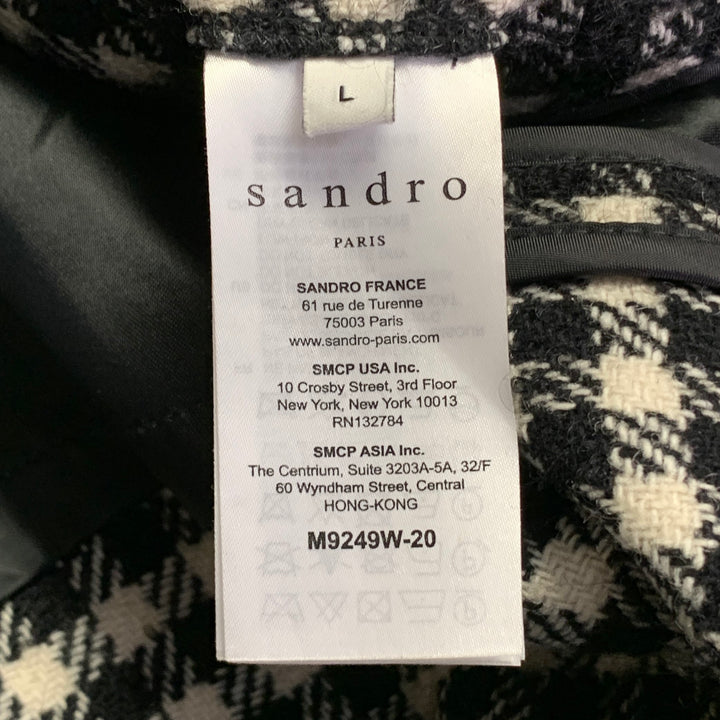 SANDRO Size L Black White Checkered Wool Blend Buttoned Raglan Coat