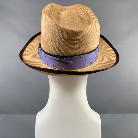 VINTAGE Size 7 3/8 Beige Purple Woven Silk Straw Hats