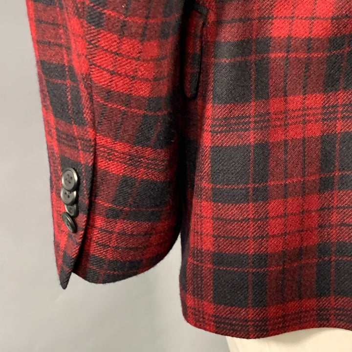 PAUL FREDRICK Size 44 Regular Red Black Plaid Wool Tailored Fit Notch Lapel Sport Coat