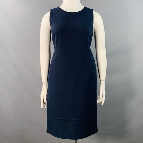 AKRIS Size 12 Navy Wool Crepe Sleeveless Knee Length Sheath Dress