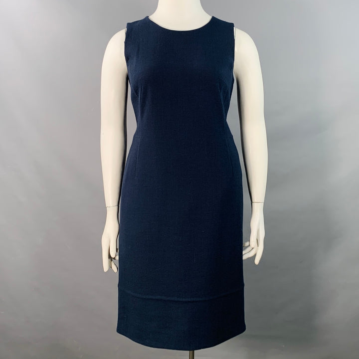 AKRIS Size 12 Navy Wool Crepe Sleeveless Knee Length Sheath Dress