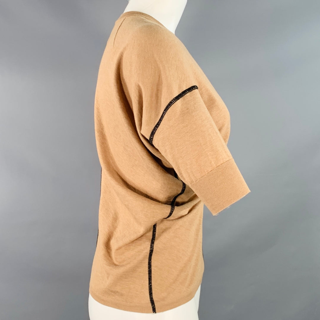 PLAN C Size XS Tan Black Cotton Cashmere Crew Neck Casual Top