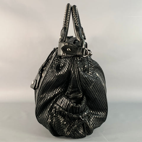 MIU MIU Black Perforated Leather Grommets Top Handles Handbag