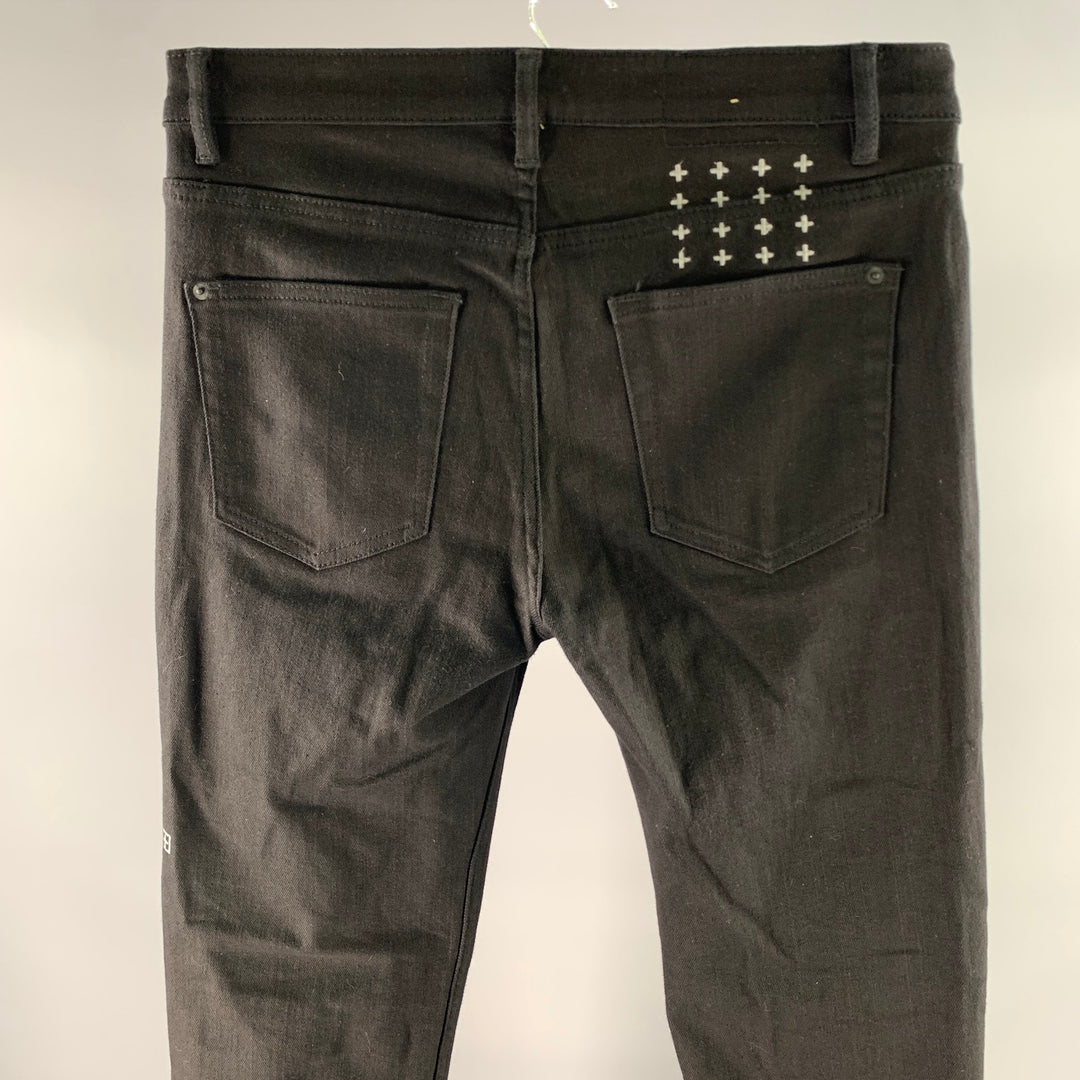 KSUBI Size 32 Black Embroidered Cotton Slim Fit Jeans