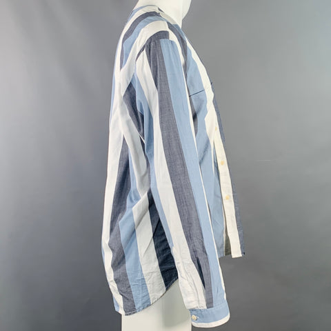LIVID JEANS Size M Grey Blue White Stripe Cotton Collarless Long Sleeve Shirt