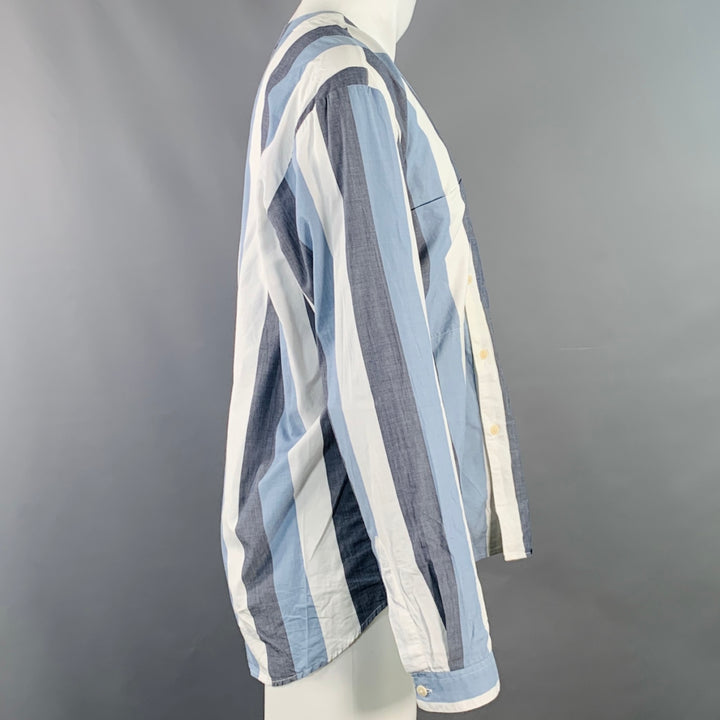 LIVID JEANS Size M Grey Blue White Stripe Cotton Collarless Long Sleeve Shirt