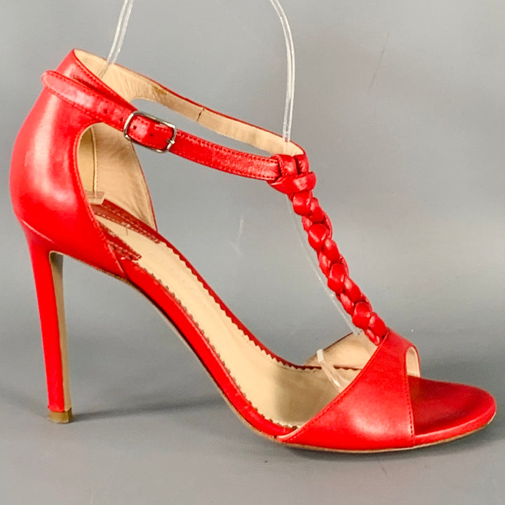 ALTUZARRA Size 7 Red Braided Ankle Strap Stiletto Sandals