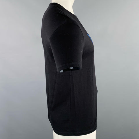VALENTINO Size L Black Blue Logo Cotton Crew Neck T-shirt
