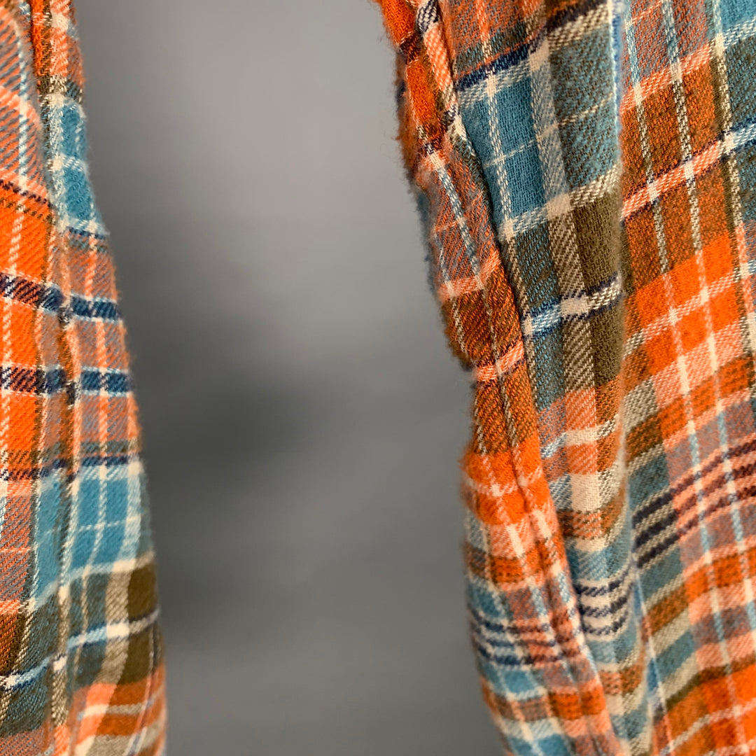 45rpm Size XL Blue Orange Plaid Cotton Curved Cutaway Flannel Long Sleeve Shirt